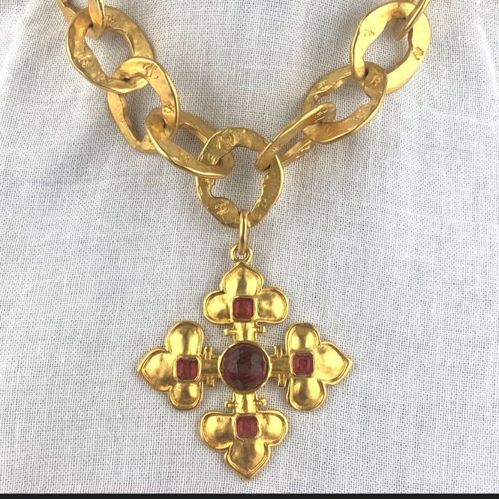 KARL LAGERFELD vintage  necklace, cross red glass stones on hand-made  18" chain